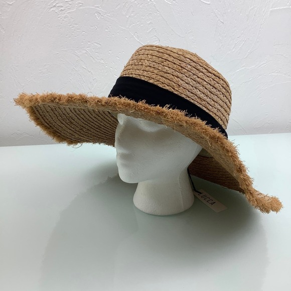 Lucca Raffia Natural Wide Rim Hat with Black band Adjustable Size NEW - Picture 2 of 11